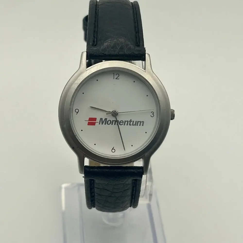 Momentum White Dial Black Leather Minimalist Watch Working New Battery